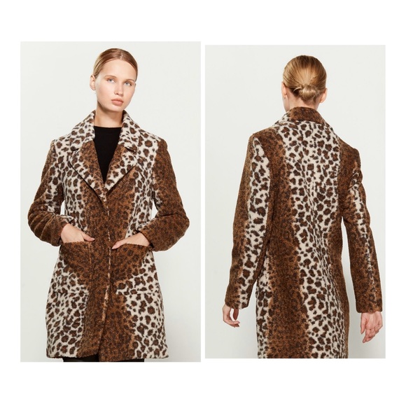 French Connection Leopard Print Curly Sherpa Coat Size Small NWT - Picture 2 of 8